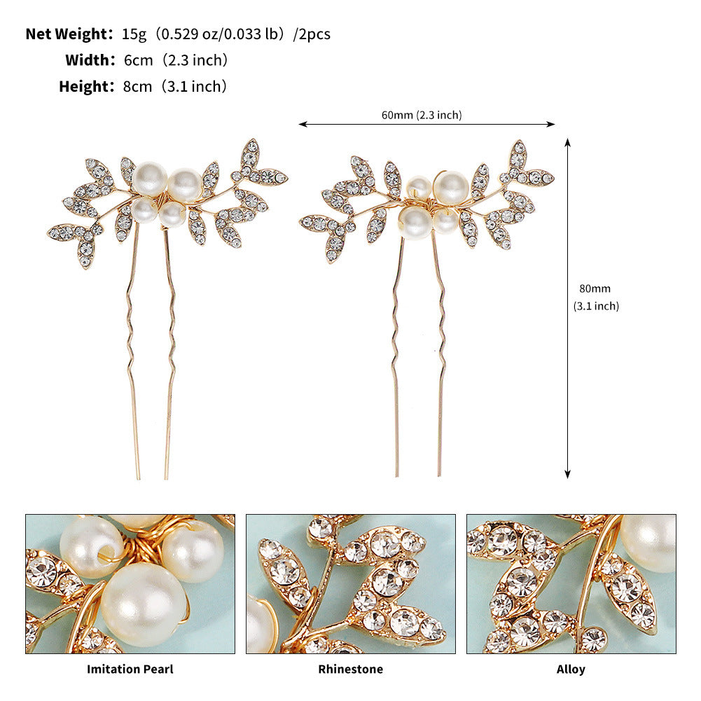 Rhinestone pearl leaf hairpin Bride headdress U-pin hairpin 773672582229