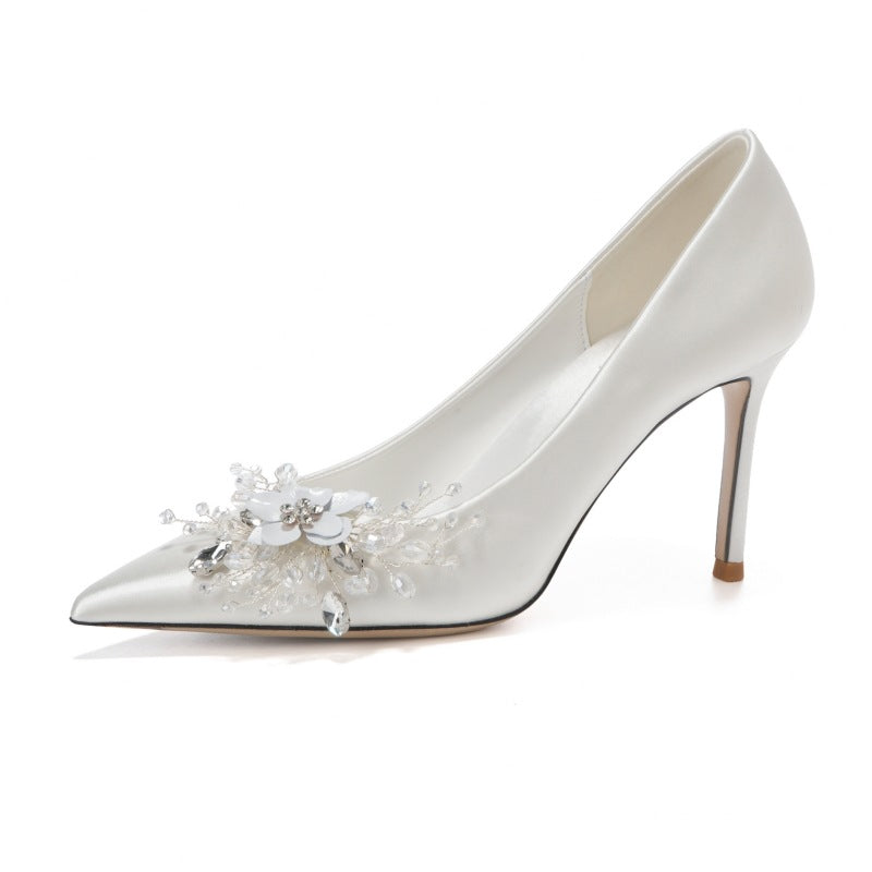 White Satin High Heels Rhinestone Flower Bridesmaid Shoes 799105157591