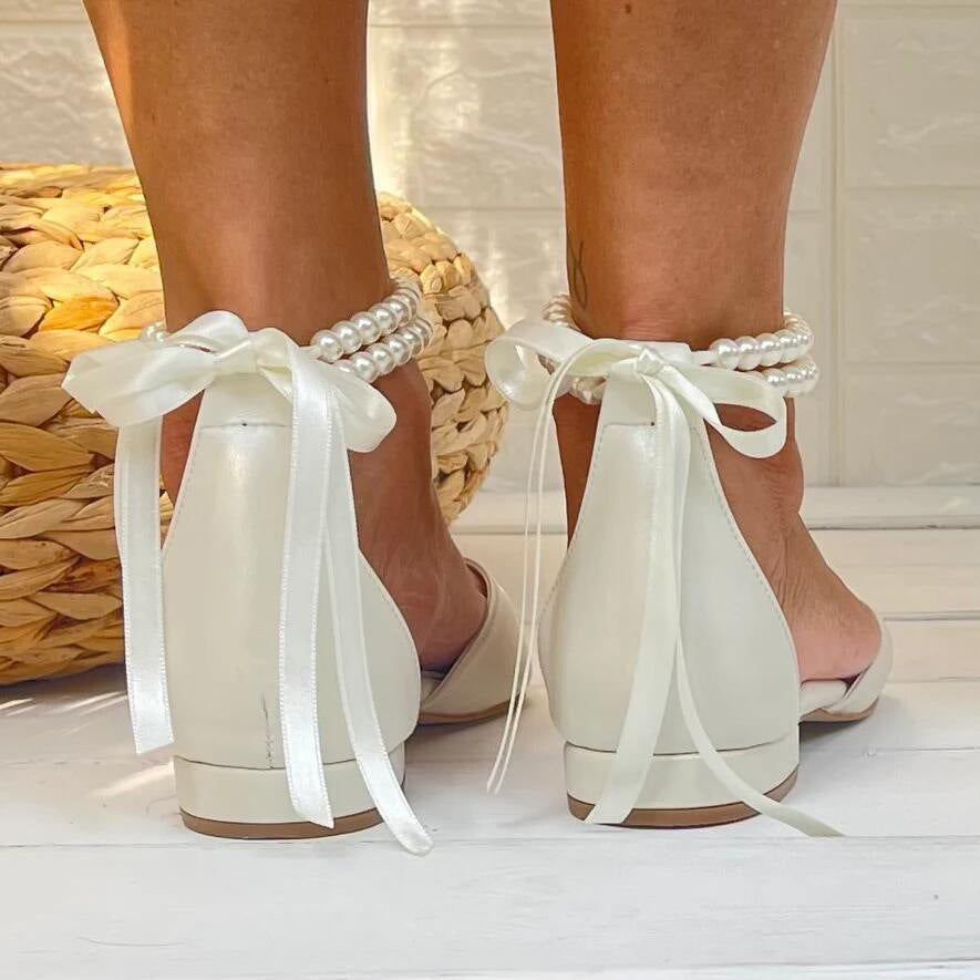 White pearl ribbon flat sandal wedding shoes 708546617778