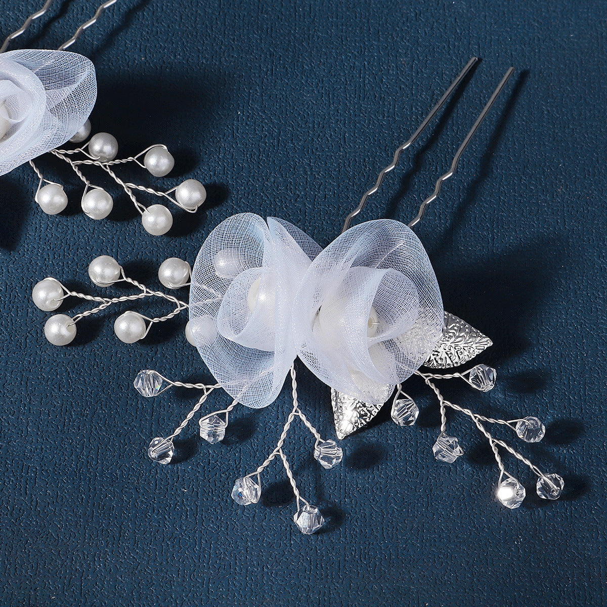 Bridal headwear U-shaped hairpin Beautiful white silk flower pin hand-made crystal pearl hairpin set of 2 755494195341