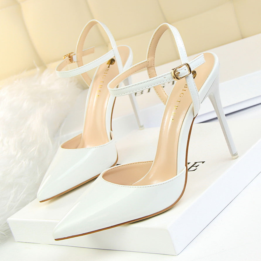 Simple slim heels super high heels shallow mouth pointed patent leather sexy line dress shoes  552220831213