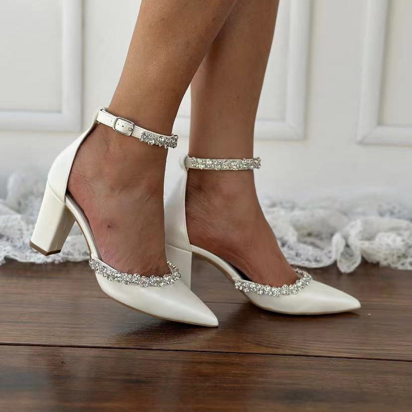 Pointy women's thick heel diamond chain big size white wedding shoes 731350490264