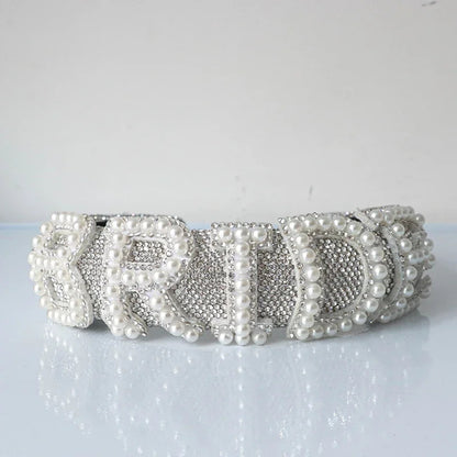 Bride  flat silver rhinestone pearl headband 798647845828