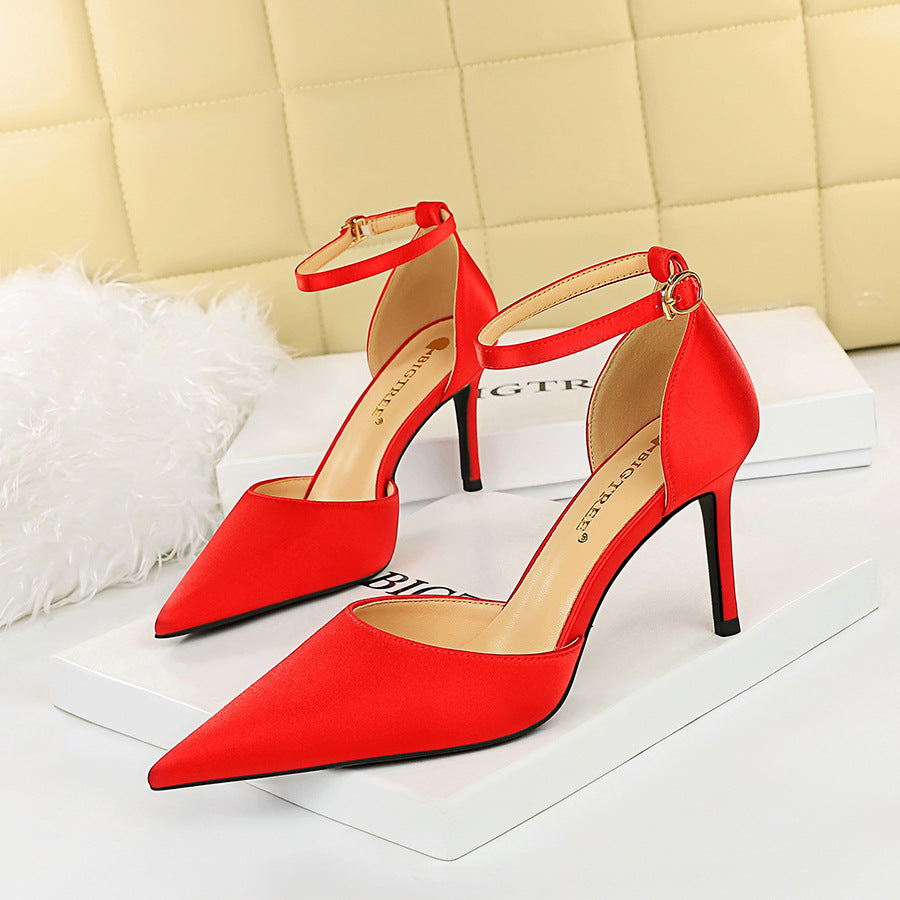 Simple slim heels high heels shallow mouth pointed satin line with hollowed out dress shoes 674228626275