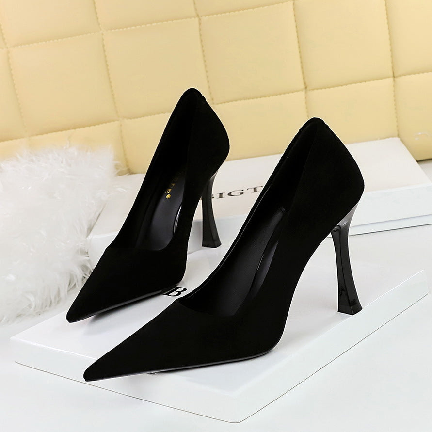 Simple slimming party heels wine glass with super high heel suede pointed dress shoes 753837040195