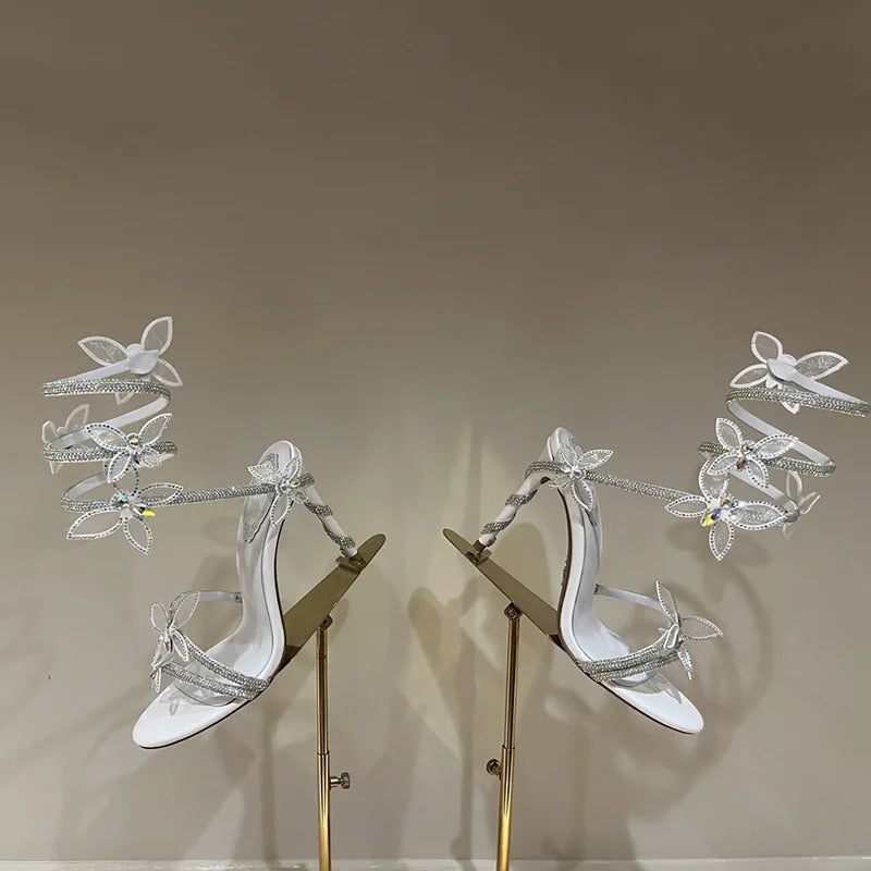 Twist three-dimensional butterfly high-heeled one-line sandals with fine heeled dress shoes  773927533050