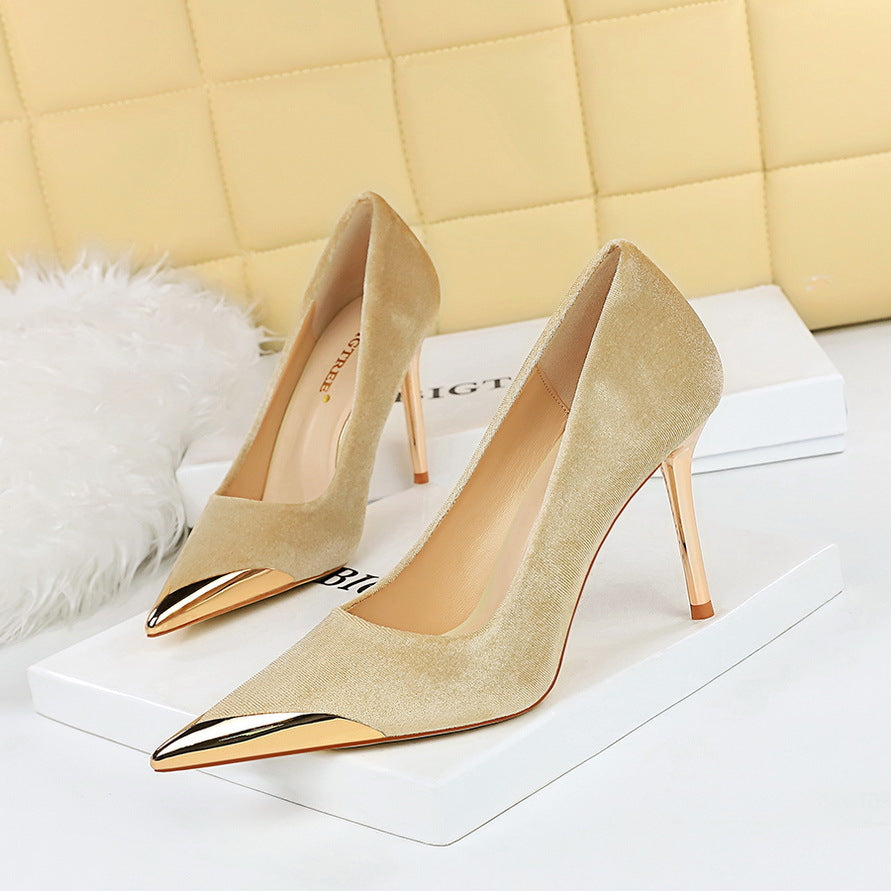 Banquet fashion light luxury high-heeled stilettos metal pointed suede dress shoes with high heels 718321941230