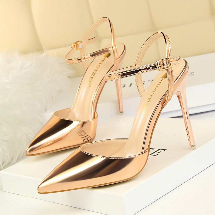 Simple slim heels super high heels shallow mouth pointed patent leather sexy line dress shoes  552220831213