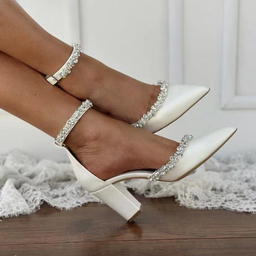 Pointy women's thick heel diamond chain big size white wedding shoes 731350490264