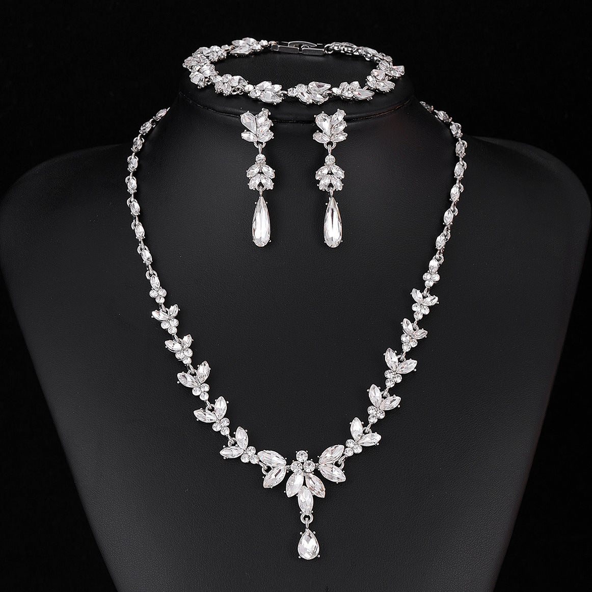 Horse eye zircon necklace earrings bracelet three-piece light luxury shiny bridal jewelry set 723684699296