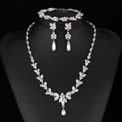 Horse eye zircon necklace earrings bracelet three-piece light luxury shiny bridal jewelry set 723684699296