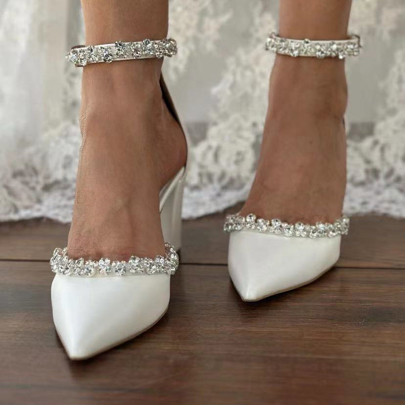 Pointy women's thick heel diamond chain big size white wedding shoes 731350490264