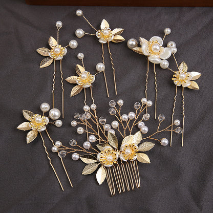 Handcrafted pearl set with Gold leaf hair comb 725487239358