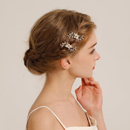 Rhinestone pearl leaf hairpin Bride headdress U-pin hairpin 773672582229