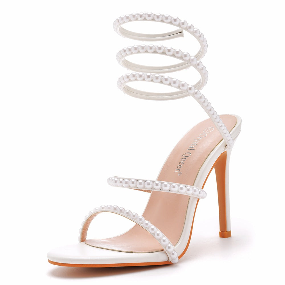 Fish mouth strap high heel sandals White pearl wedding dress Bride shoes Princess sandals 712542089589