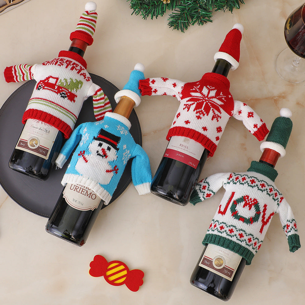 Christmas decorations wine knit bottle set holiday scene layout   807308392160