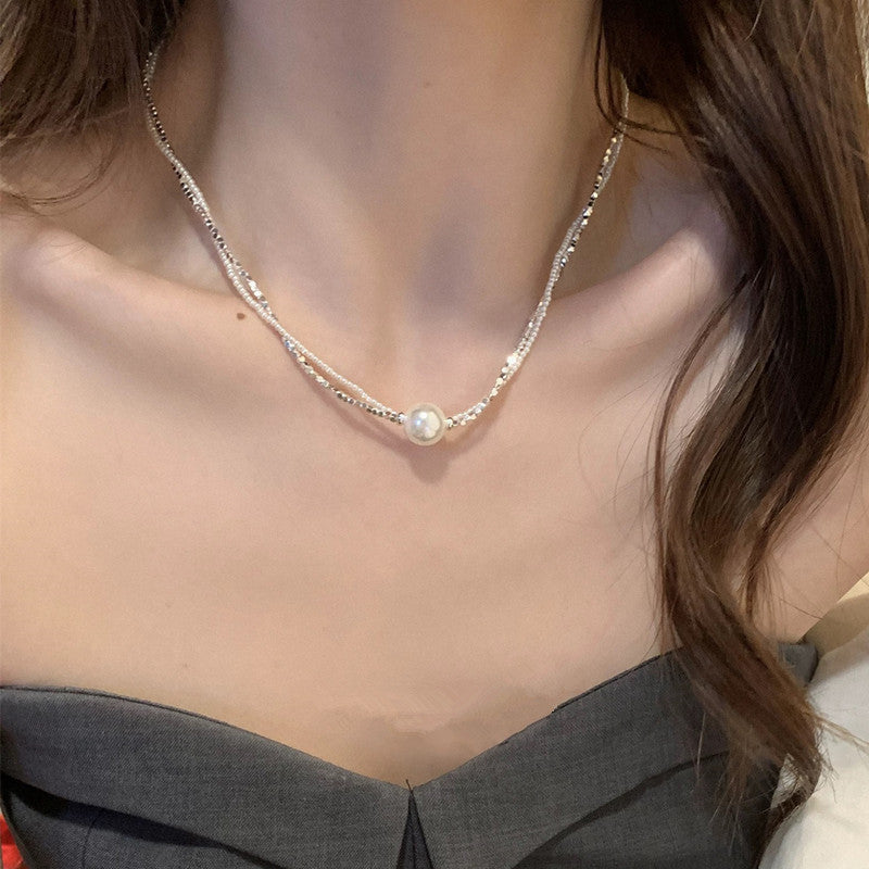 Shredded silver pearl double necklace choker   800772966486