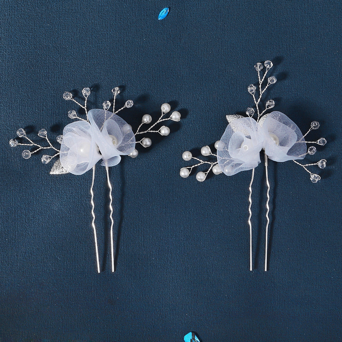 Bridal headwear U-shaped hairpin Beautiful white silk flower pin hand-made crystal pearl hairpin set of 2 755494195341