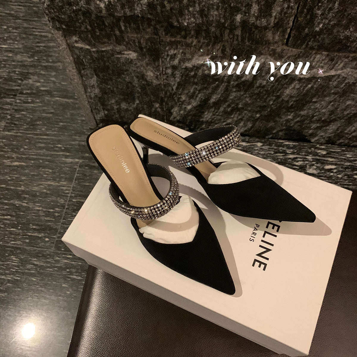 One-line drill with pointed back air stiletto bun toe high heel sandals shoes 671551594825