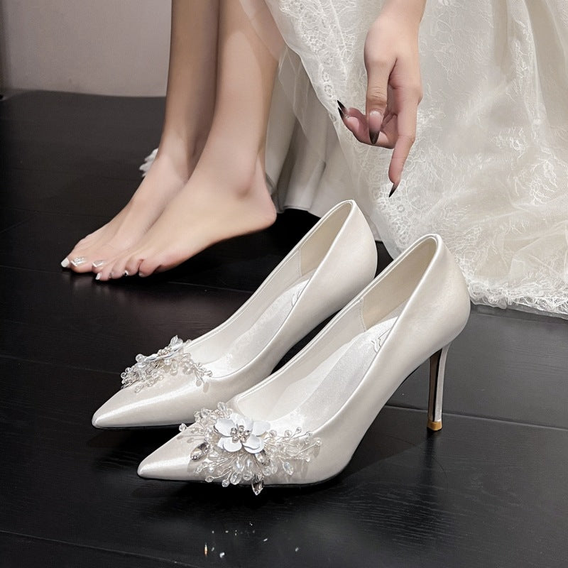 White Satin High Heels Rhinestone Flower Bridesmaid Shoes 799105157591