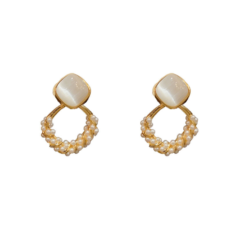 Fashion simple light luxury cat's eye diamond pearl earrings 796095958778