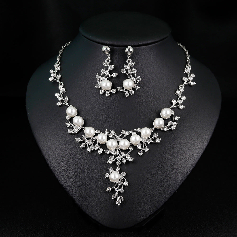 Pearl necklace set Upscale fashion creative diamond necklace earrings two-piece jewelry set 576834249869