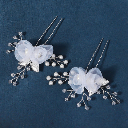 Bridal headwear U-shaped hairpin Beautiful white silk flower pin hand-made crystal pearl hairpin set of 2 755494195341