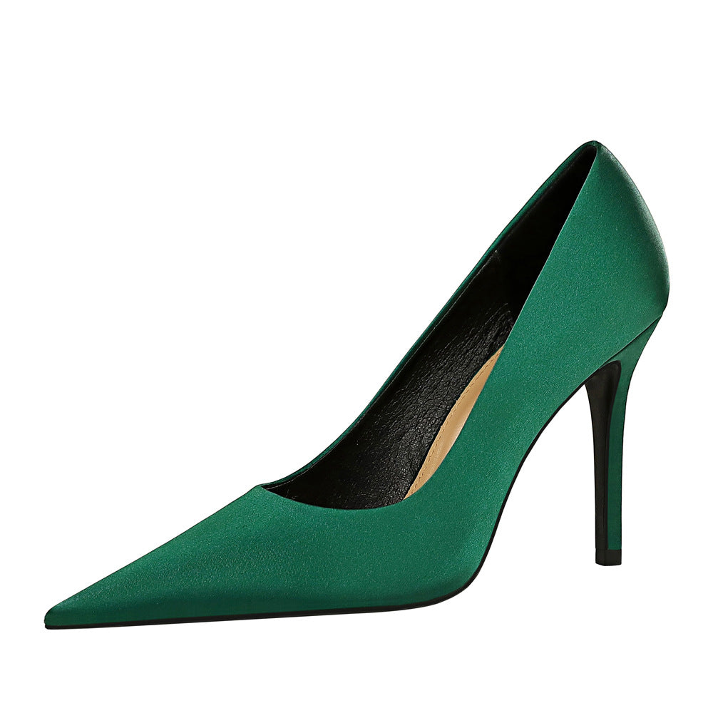 Stylish and simple super high heels slim heels shallow mouth pointed sexy slim satin dress shoes 664584349468