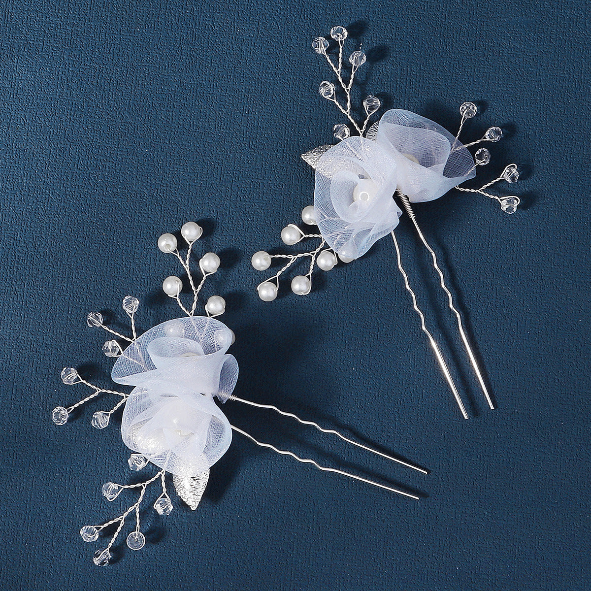 Bridal headwear U-shaped hairpin Beautiful white silk flower pin hand-made crystal pearl hairpin set of 2 755494195341