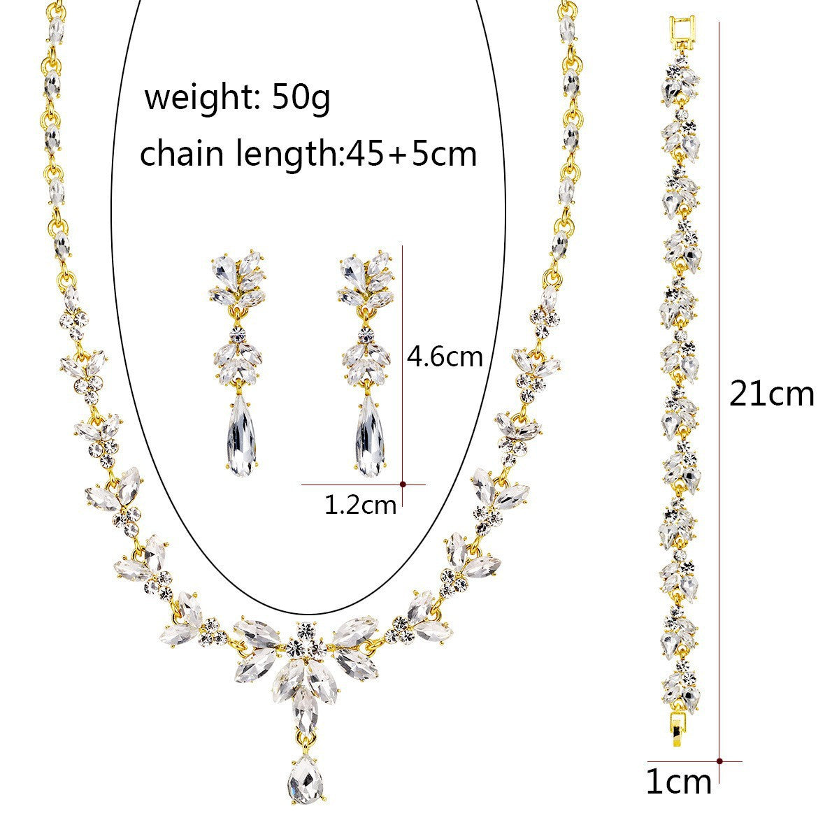 Horse eye zircon necklace earrings bracelet three-piece light luxury shiny bridal jewelry set 723684699296