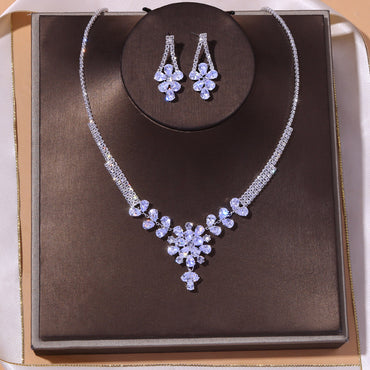 Light luxe Zircon flower Jewelry Set Bridal accessories Fashion temperament necklace earrings set Jewelry set  651033972010