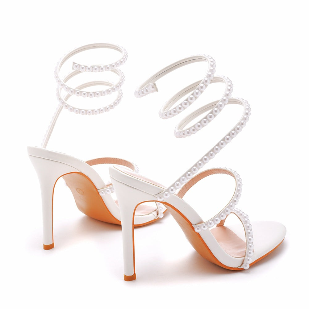 Fish mouth strap high heel sandals White pearl wedding dress Bride shoes Princess sandals 712542089589