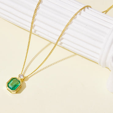 Octagonal Green Jewel Necklace S925 silver gold plated square emerald clavicle chain  680207180457