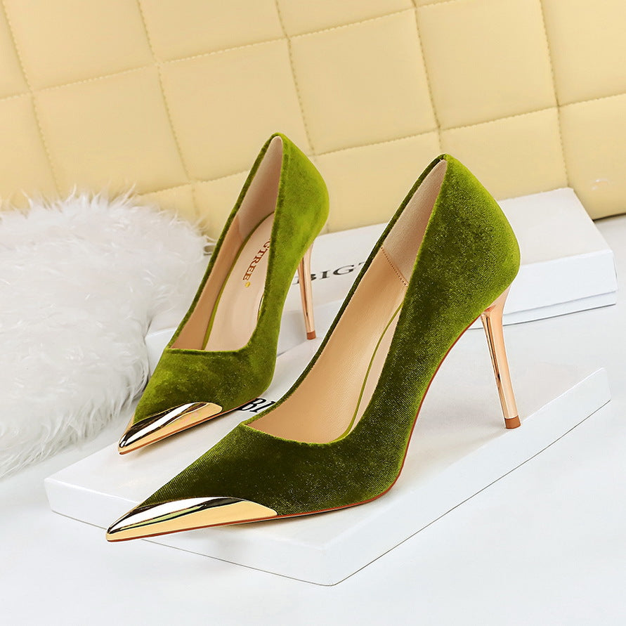 Banquet fashion light luxury high-heeled stilettos metal pointed suede dress shoes with high heels 718321941230