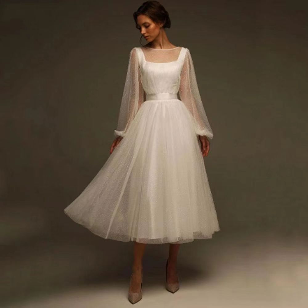 A-Line Tea Length Tulle Wedding Dress 857895271881