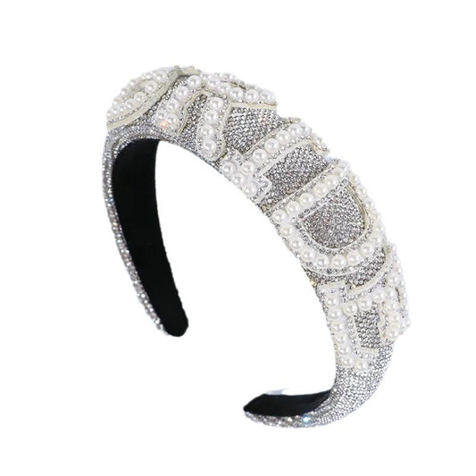 Bride  flat silver rhinestone pearl headband 798647845828