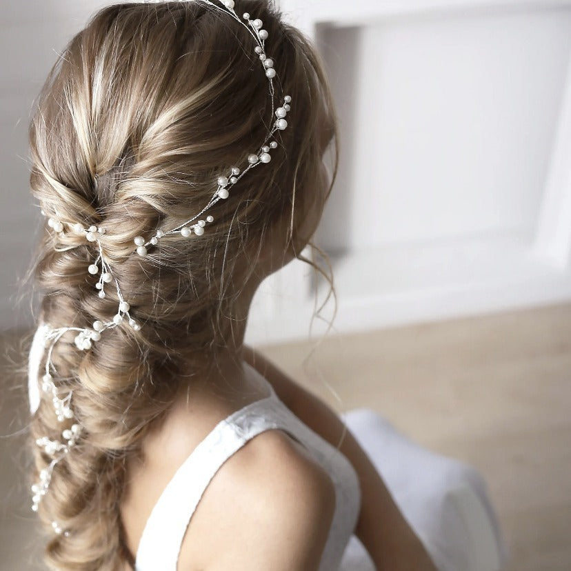 Bride wedding headwear 1 meter long pearl copper hair chain handmade hair accessories