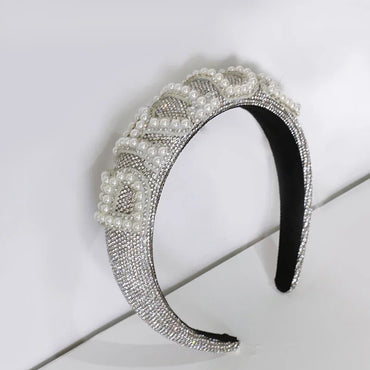 Bride  flat silver rhinestone pearl headband 798647845828