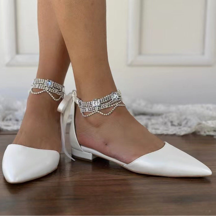 White flat sandals with diamond chain back strap foreign trade wedding shoes 738090030997