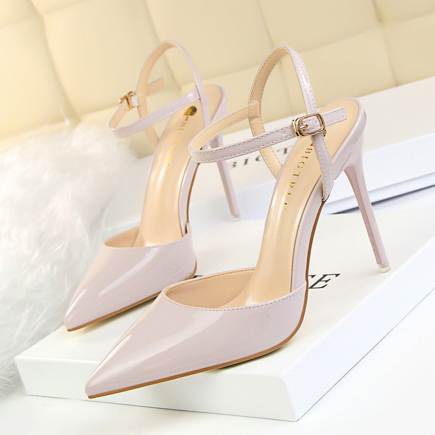 Simple slim heels super high heels shallow mouth pointed patent leather sexy line dress shoes  552220831213