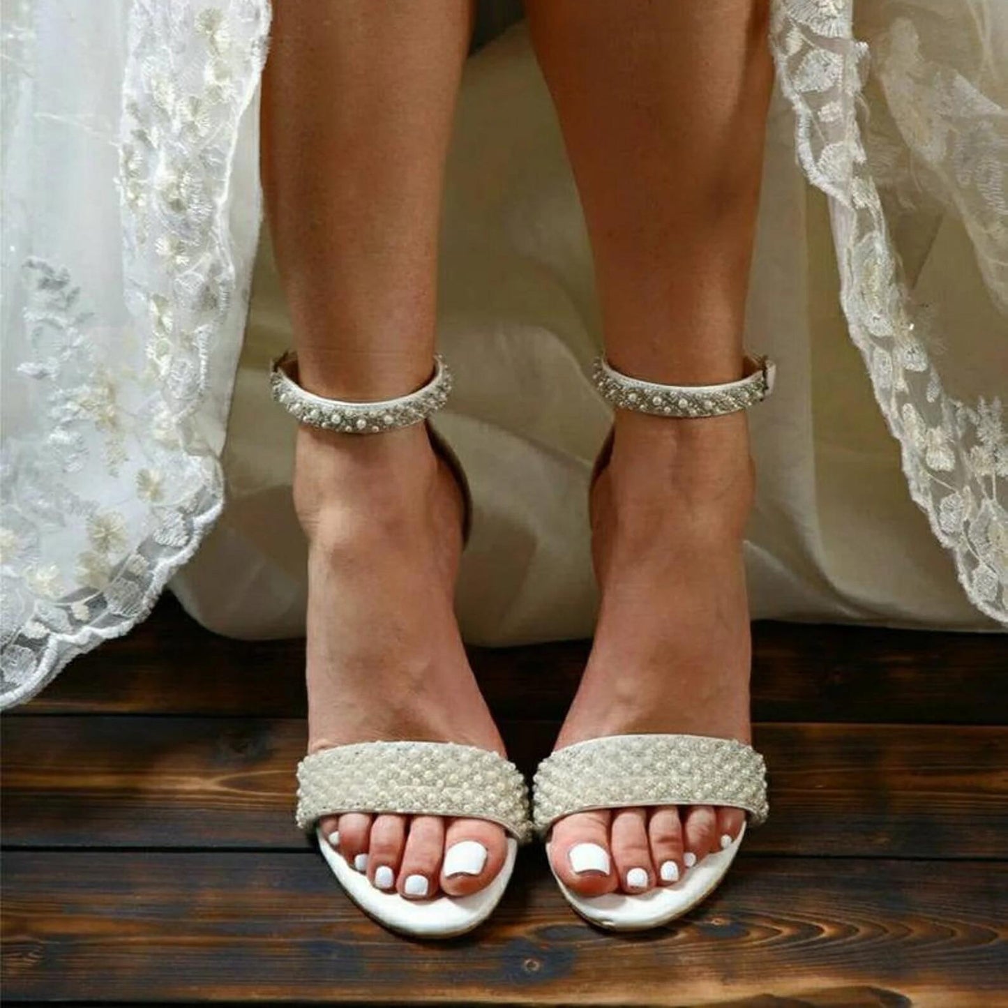 White high-heeled sandals chunky wedding shoes pearl line strap women's shoes 708036540906