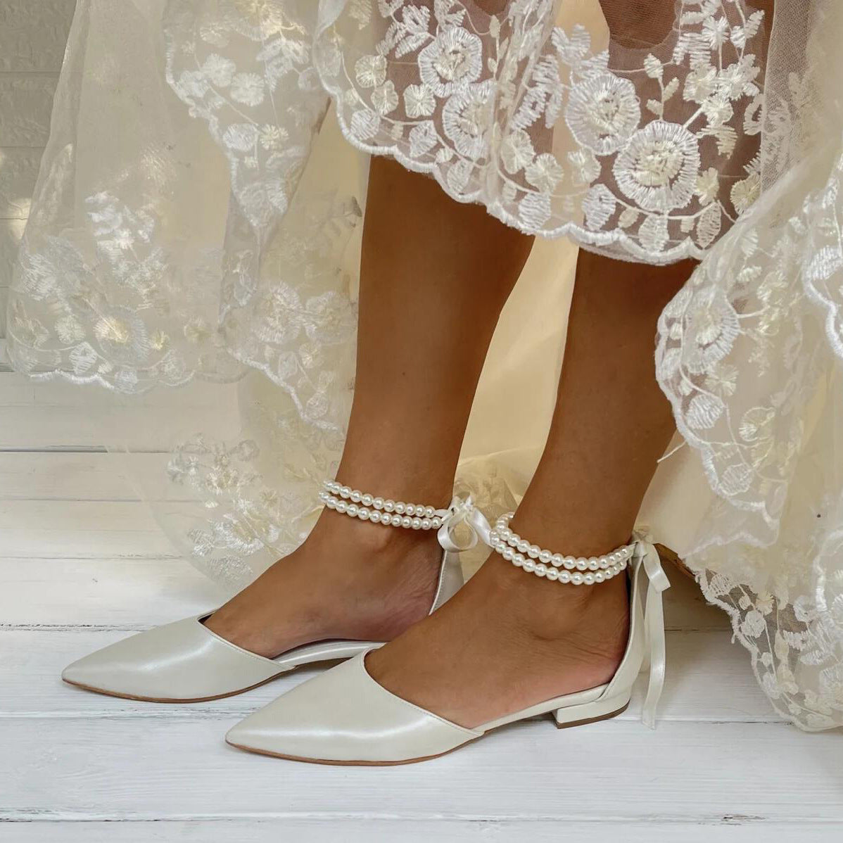 White pearl ribbon flat sandal wedding shoes 708546617778