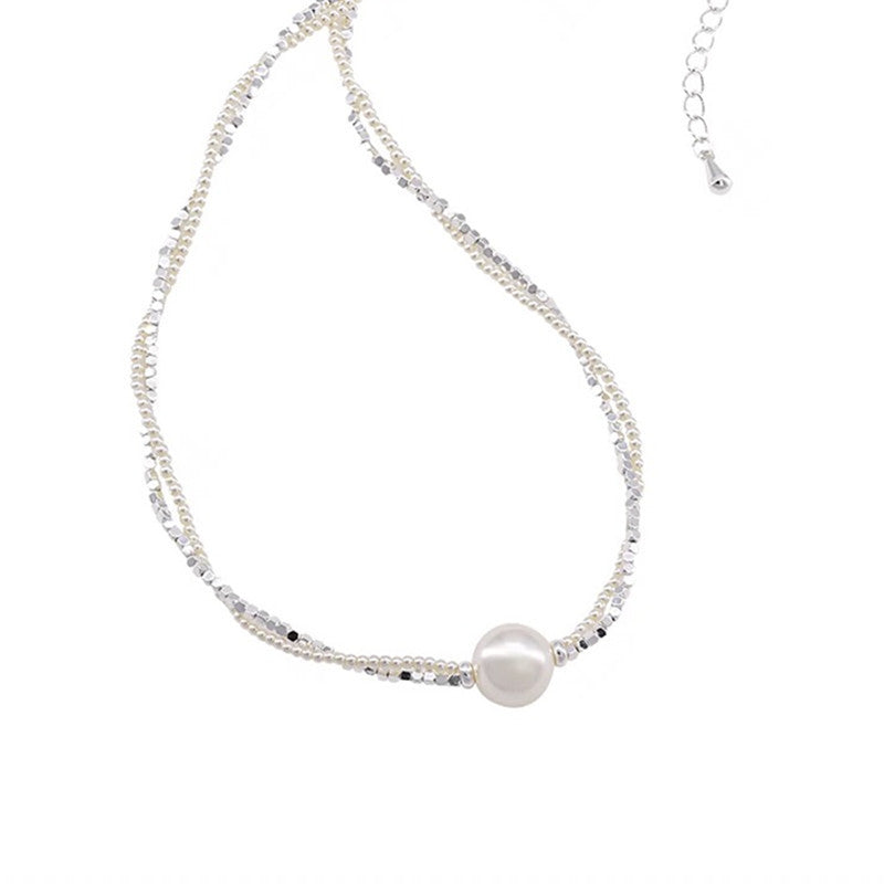 Shredded silver pearl double necklace choker   800772966486