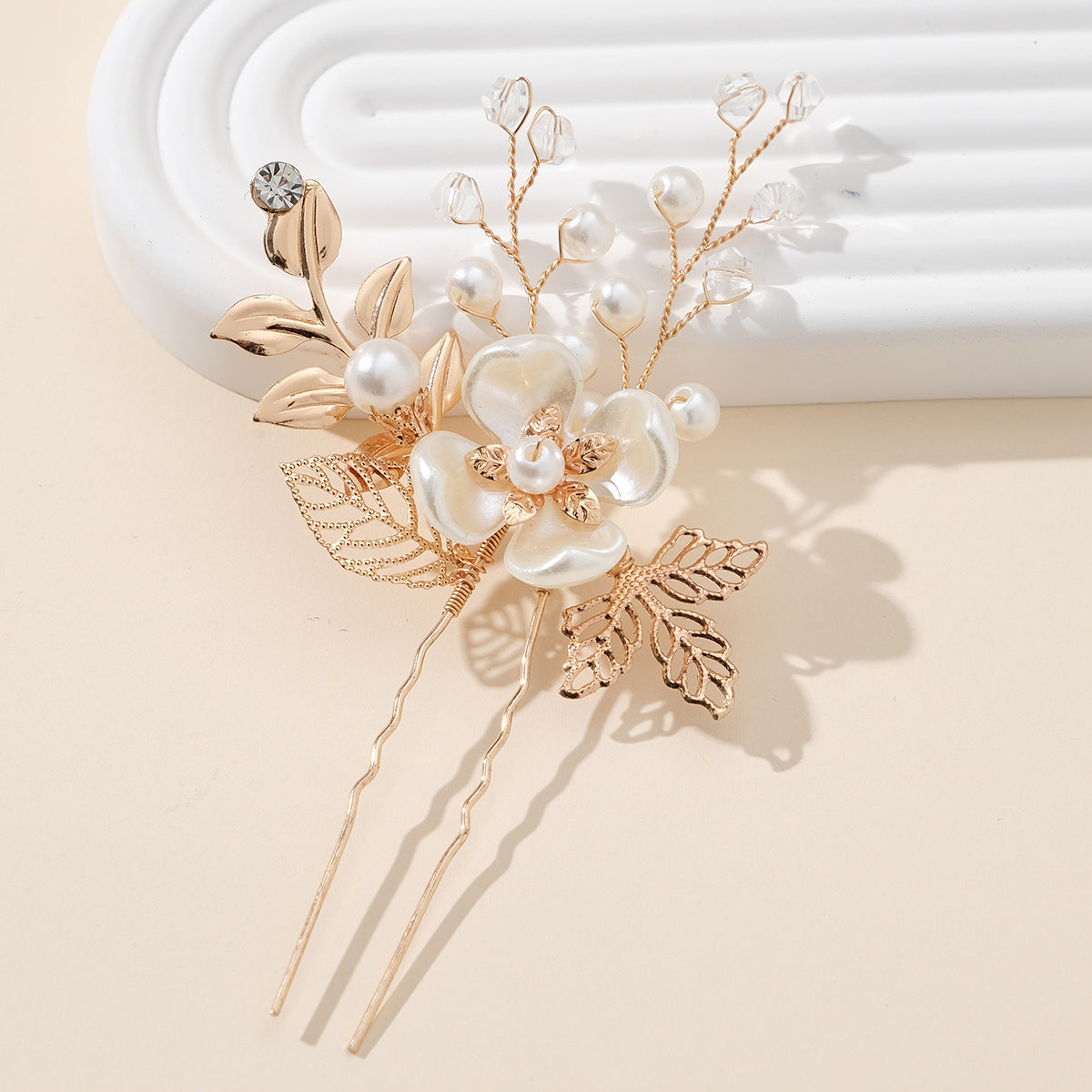 Accessories Hair accessories Handmade hairpin Dinner Party Hairpin Gold leaf Pearl flower pin set of 3 762013156634