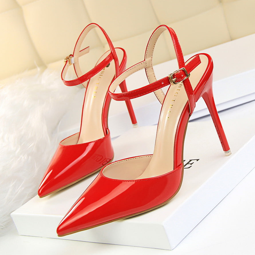 Simple slim heels super high heels shallow mouth pointed patent leather sexy line dress shoes  552220831213