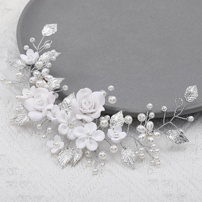 White flowers silver leaf headband Bride wedding Headpieces 739265886585