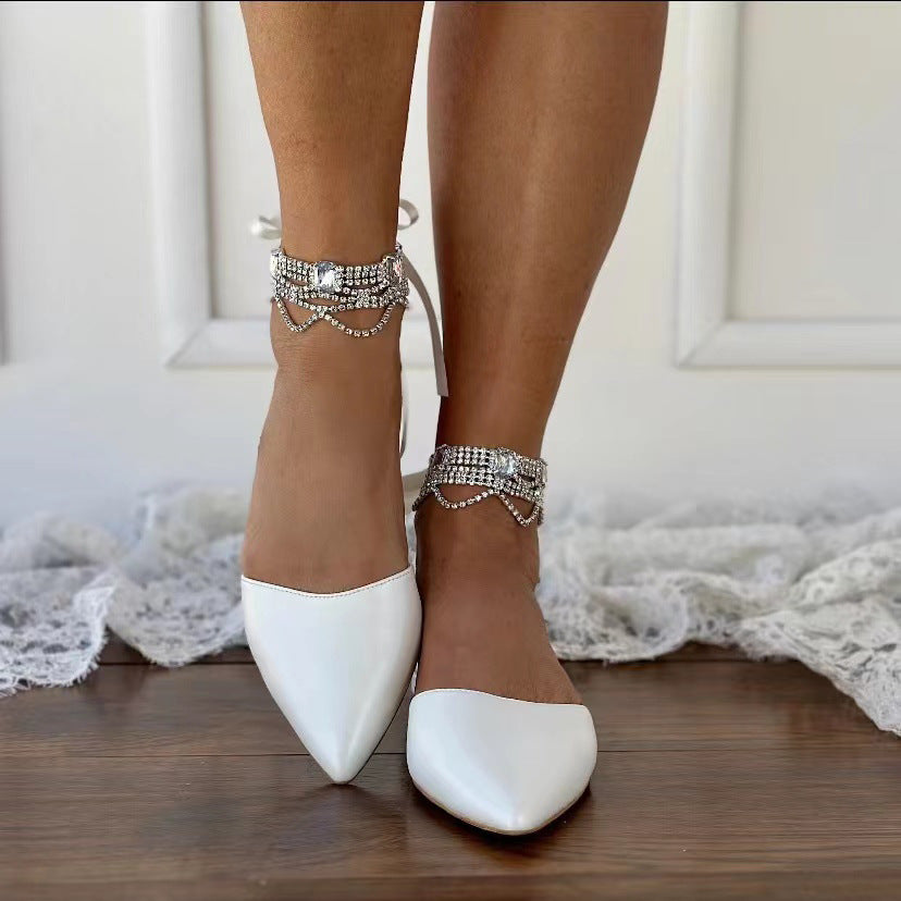 White flat sandals with diamond chain back strap foreign trade wedding shoes 738090030997