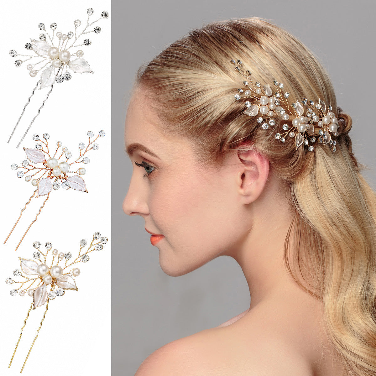 Bridal headwear Leaf hair pin Fashion wedding accessories Handmade pearl U-shaped hairpin  set of 3 524682360029