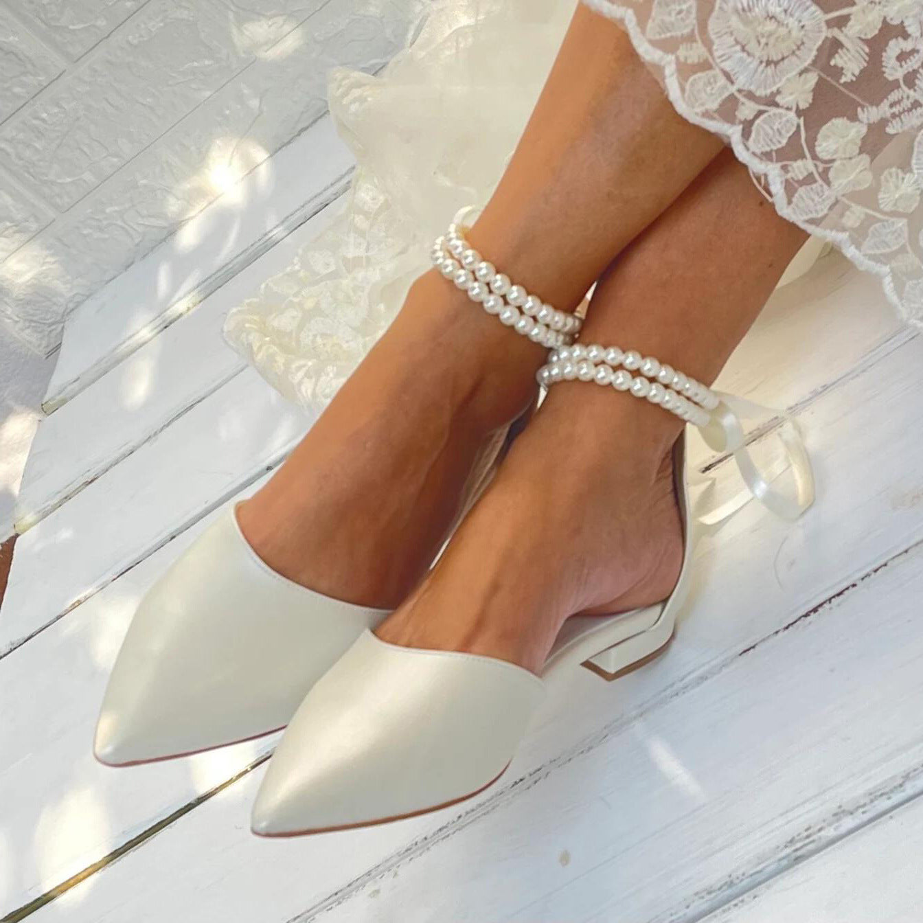 White pearl ribbon flat sandal wedding shoes 708546617778