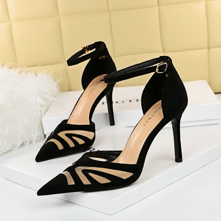 Slim slim heels high heels front shallow mouth pointed sexy mesh hollowed-out one-line sandals shoes673900597001